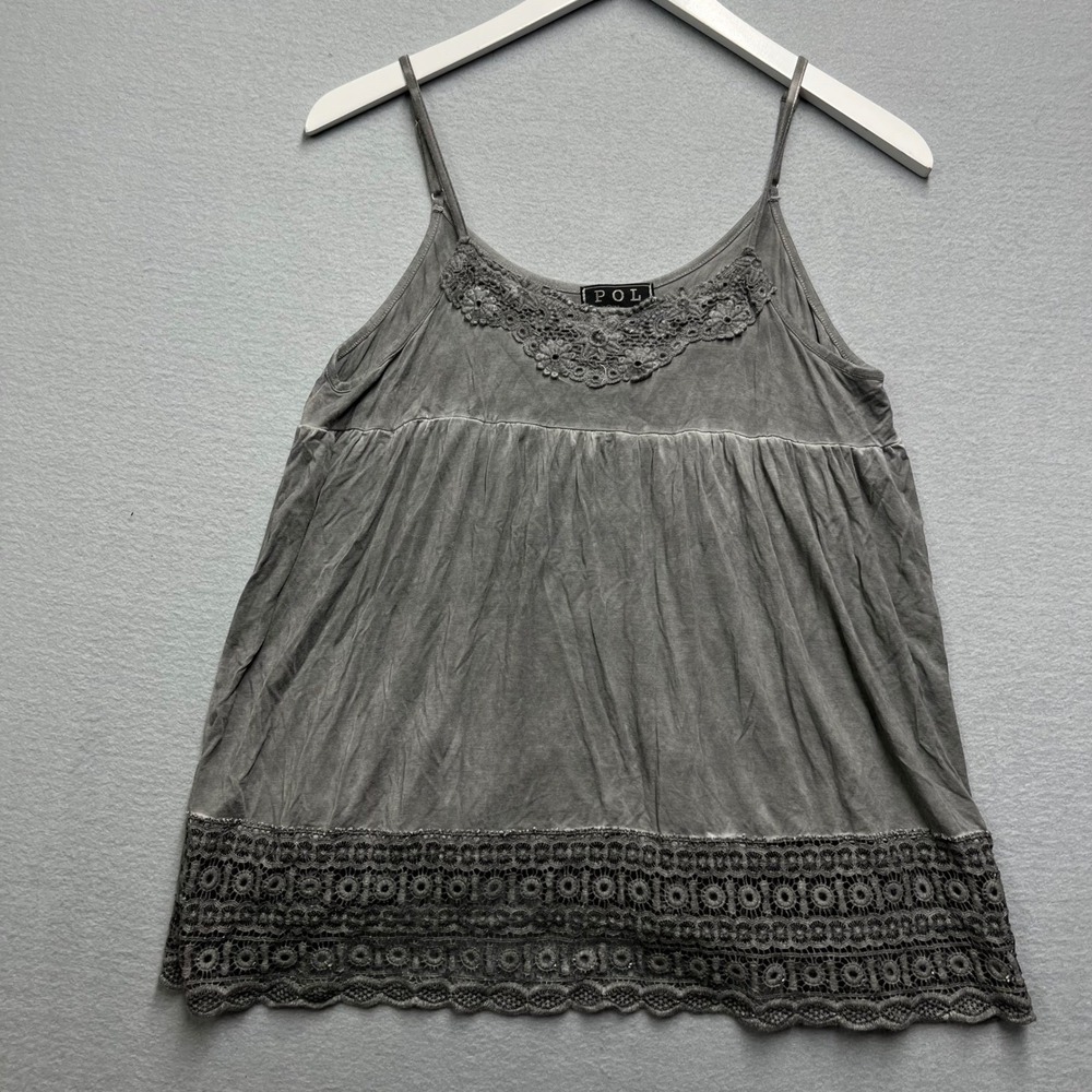 POL Womens Grey Mineral Wash Crochet Lace Trim Cami Top Boho Babydoll Small